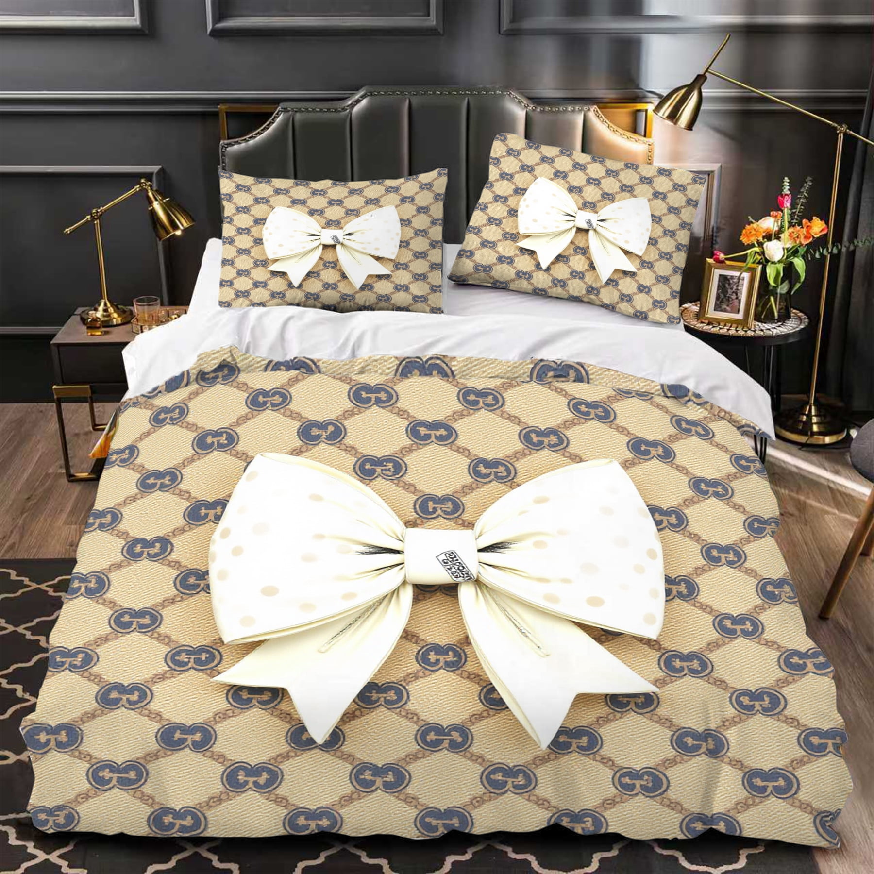 Elegant 3-Piece Duvet Cover Set with Large White Bow Design and Subtle ...