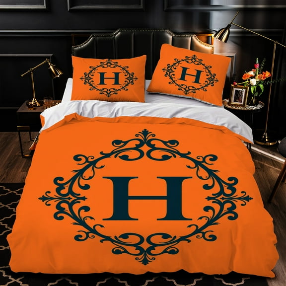 Elegant 3-Piece Duvet Cover Set with Navy Blue ' H ' on Orange Bedding Perfect for Modern Bedrooms