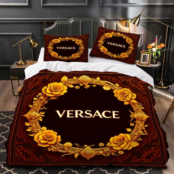 Elegant 3-Piece Duvet Cover Set with Ornate Golden Roses and Intricate Patterns Perfect for a Luxurious Bedroom Makeover