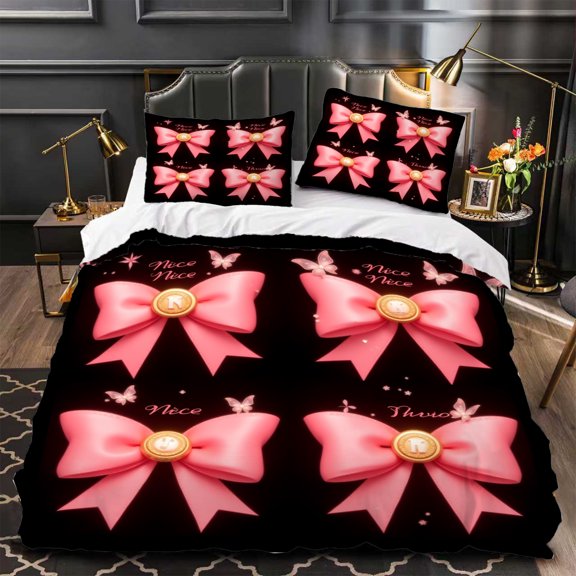 Elegant 3-Piece Duvet Cover Set with Pink Bow Pattern on Black Background Featuring ' Nice ' and ' Shine ' in Cursive Modern Design