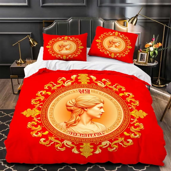 Elegant 3-Piece Duvet Cover Set with Red Bedding Golden Figure & Intricate Patterns Featuring ' 목소리 ' in Korean - Modern Decor