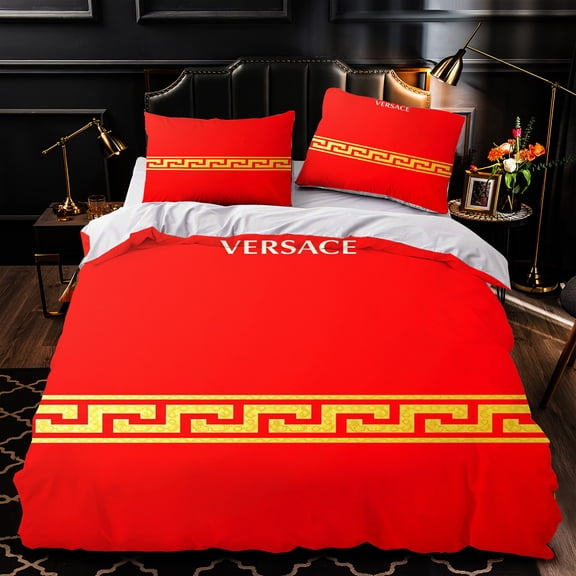 Elegant 3-Piece Duvet Cover Set with Red Comforter and Gold Greek Key Pattern Includes Matching Pillows Luxurious Design