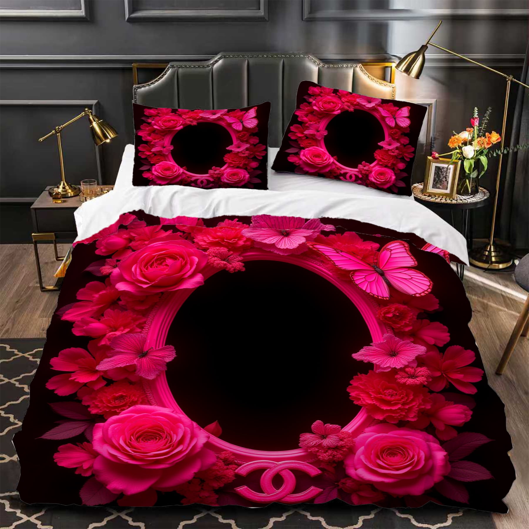 Elegant 3-Piece Duvet Cover Set with Vibrant Pink Floral and Butterfly ...