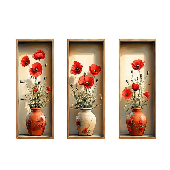 Elegant 3-Piece Framed Canvas Wall Art Set with Red Poppy Flowers in Vases for Home Decor, Living Room, Bedroom