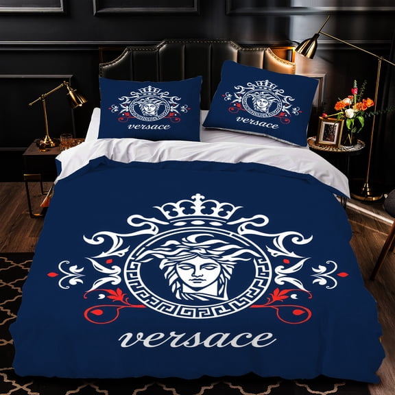 Elegant 3-Piece Navy Blue Duvet Cover Set with Crown & Intricate Patterns - Luxurious Bedding for Stylish Bedrooms