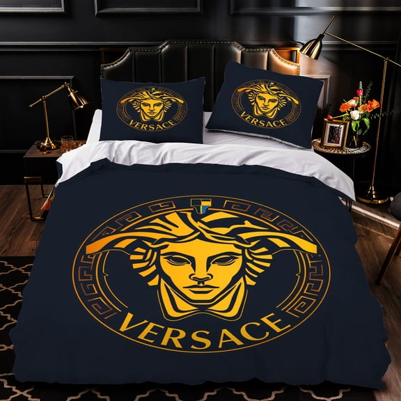 Elegant 3-Piece Navy Blue Duvet Cover Set with Golden Design - Luxurious Bedding for Stylish Bedrooms