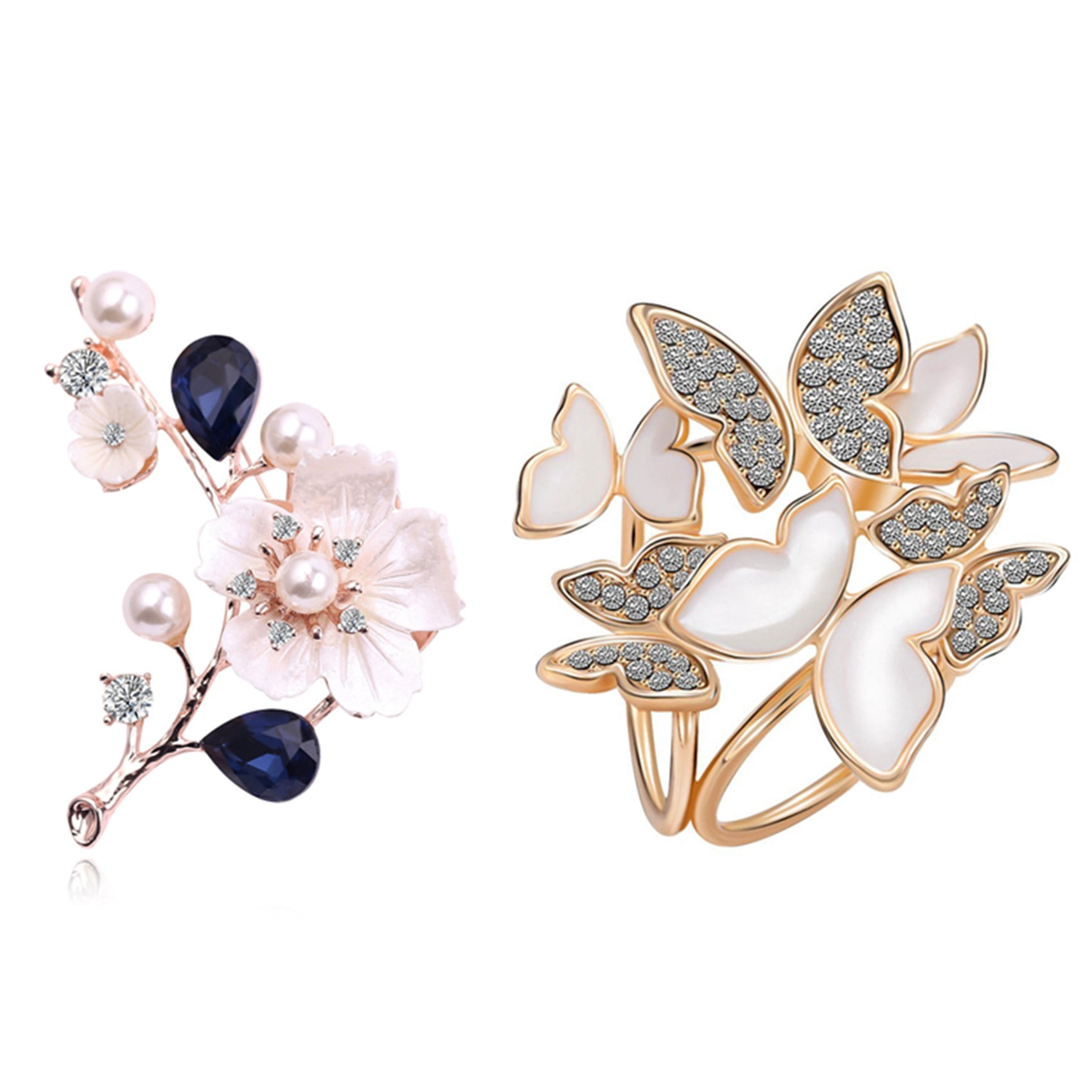 Elegant 3 Rings Butterfly Scarf Ring Silk Scarf Buckle Clip with Natural Shell Flower Glass Crystal Brooch Gold