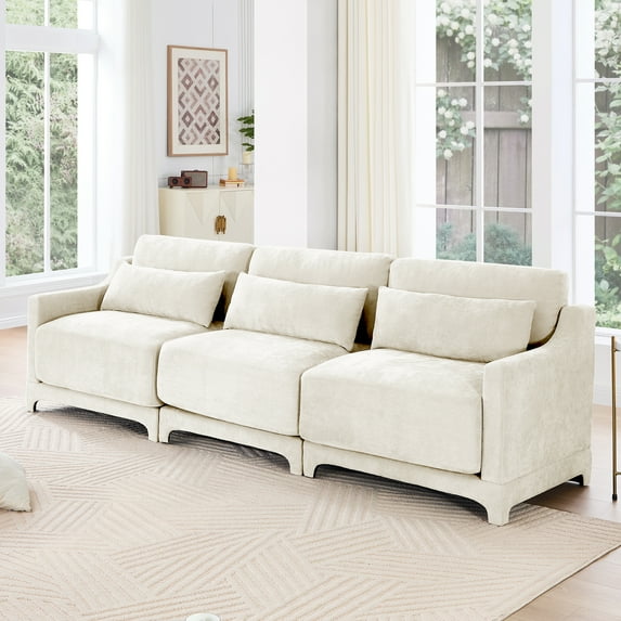 Elegant 3-Seater Chenille Sofa with Lumbar Pillow - Ergonomic Design, Sturdy Wooden Base, High-Resilience Sponge, Stylish Armrests - Beige, Ideal for Living Rooms, Bedrooms, Studies, Hotels & Apartme
