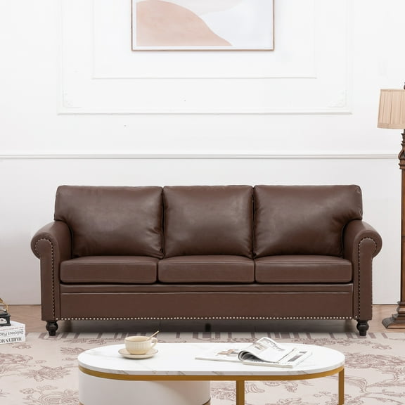 Elegant 3-Seater Sofa in Brown PU with Silver Bubble Nail Trim. Comfortable PP Cotton Back & Spring/Foam Seat on Solid Wood/Birch Frame. Perfect for Living Rooms, 83.86"W.