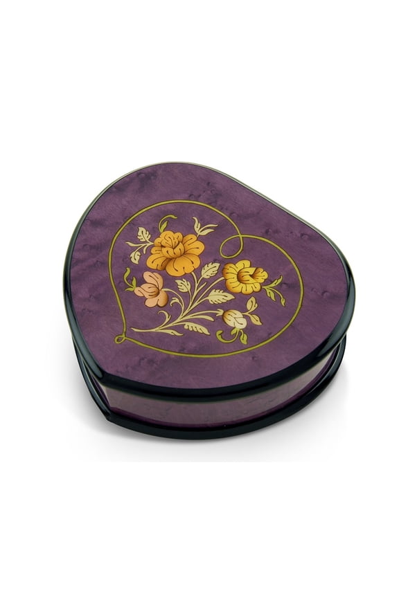Elegant 30 Note Lavender Heart Shaped Music Jewelry Box with Floral in Heart Frame Inlay Design - Beauty and the Beast