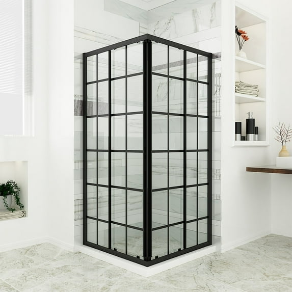 Elegant Black Check Corner Entry Enclosure with Sliding Shower Doors(Shower Base is Not Included) - 36 x 36 x 72
