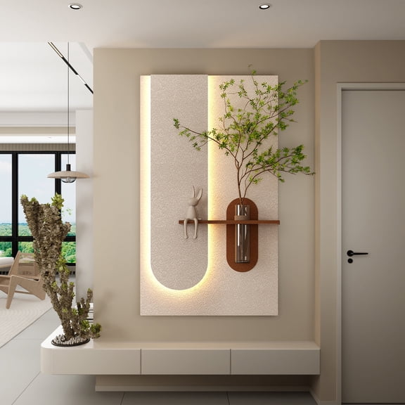 Elegant 3D Adjustable 3-Color LED Sandstone Wall Decor with Simulated Green Plants, Glass Vase & Rabbit Statue - Remote Control Wall Lamp for Living Room, Bedroom, Hallway