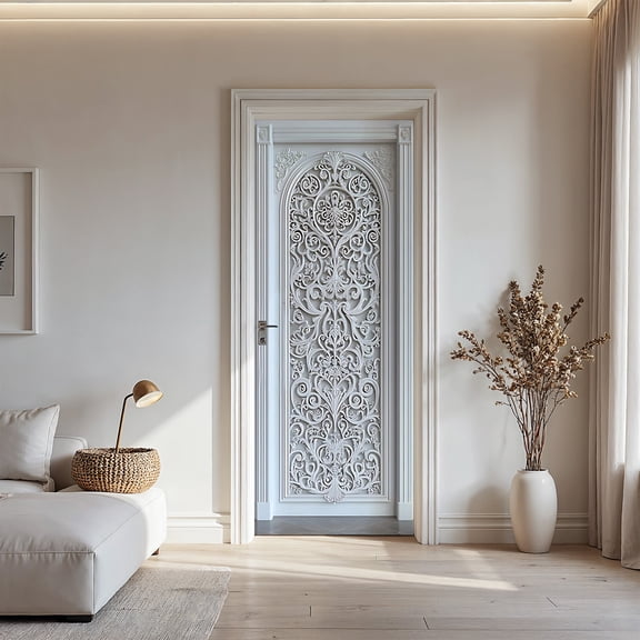 Elegant 3D Carved Floral Door Sticker - Baroque Style PVC Decal, Instantly Upgrade Your Living Room/Bedroom