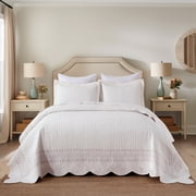 Elegant 3Pcs 100% Cotton Scallop Edges Quilt Bedspread Set Striped Embroidery Quilted Bed Set