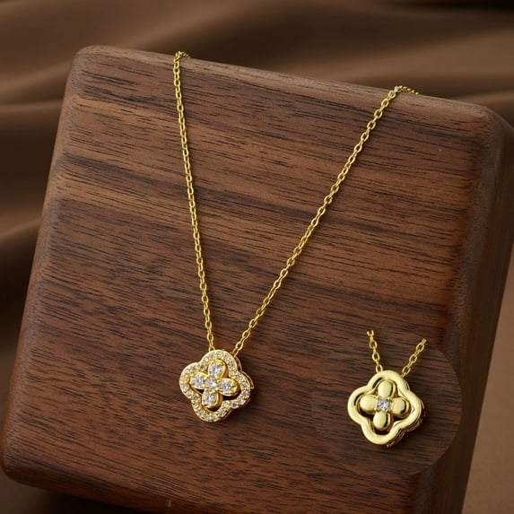 Elegant Zircon 4-Leaf Clover Flower Gold Clavicle Chain Women Trendy Fashion Necklace