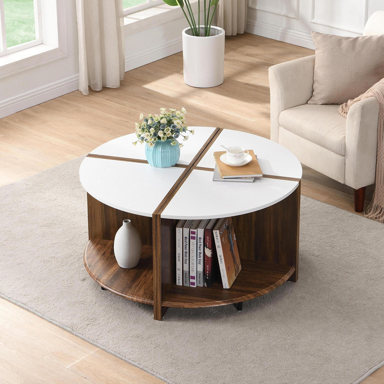 Elegant 4-Piece Round Coffee Table Set, Sturdy 2-Tier Design with Open ...