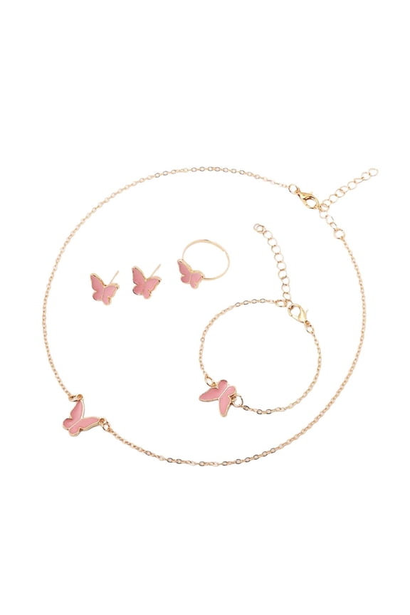 Elegant 4 Pieces Butterfly Jewelry Set Pendant Necklace with Studs Earrings Bracelet Rings Unique Designing for Her