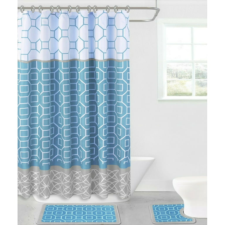 Elegant 4 Pieces Set Bathroom Trellis Diamond Pattern Turquoise Rug Softy  Washable Includes: 1 Bath Mat 18X 30,1 Bath Mat 17X 17,12 Fabric  Covered Hooks,1 Shower Curtain 70X 72 Anti Slip 