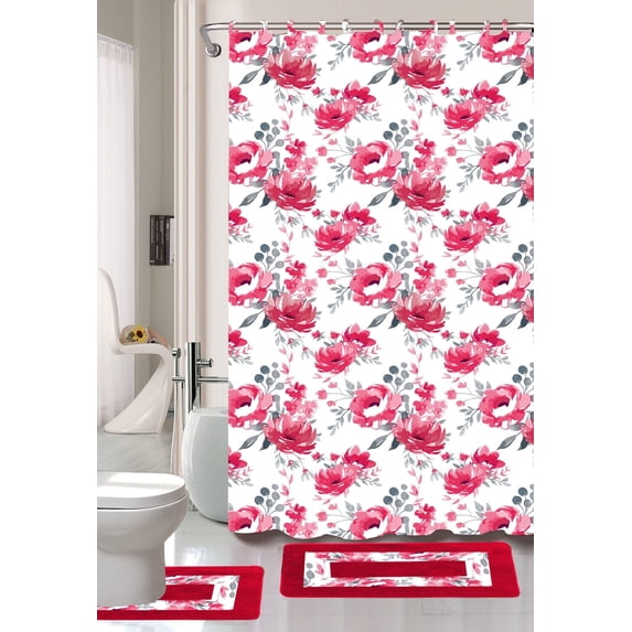 Elegant 4 Pieces Set Bathroom Trellis Honey Pattern Red Rug Softy Washable Includes : 1 Bath Mat 18"X 30",1 Bath Mat 17"X 17",12 Fabric Covered Hooks ,1 Shower Curtain 70"X 72" Anti Slip
