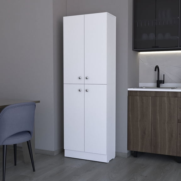 Elegant 4-door Pantry Cabinet With 5 Hidden Shelves - Kitchen 4 Doors, Shelves, White, For An Organized Space