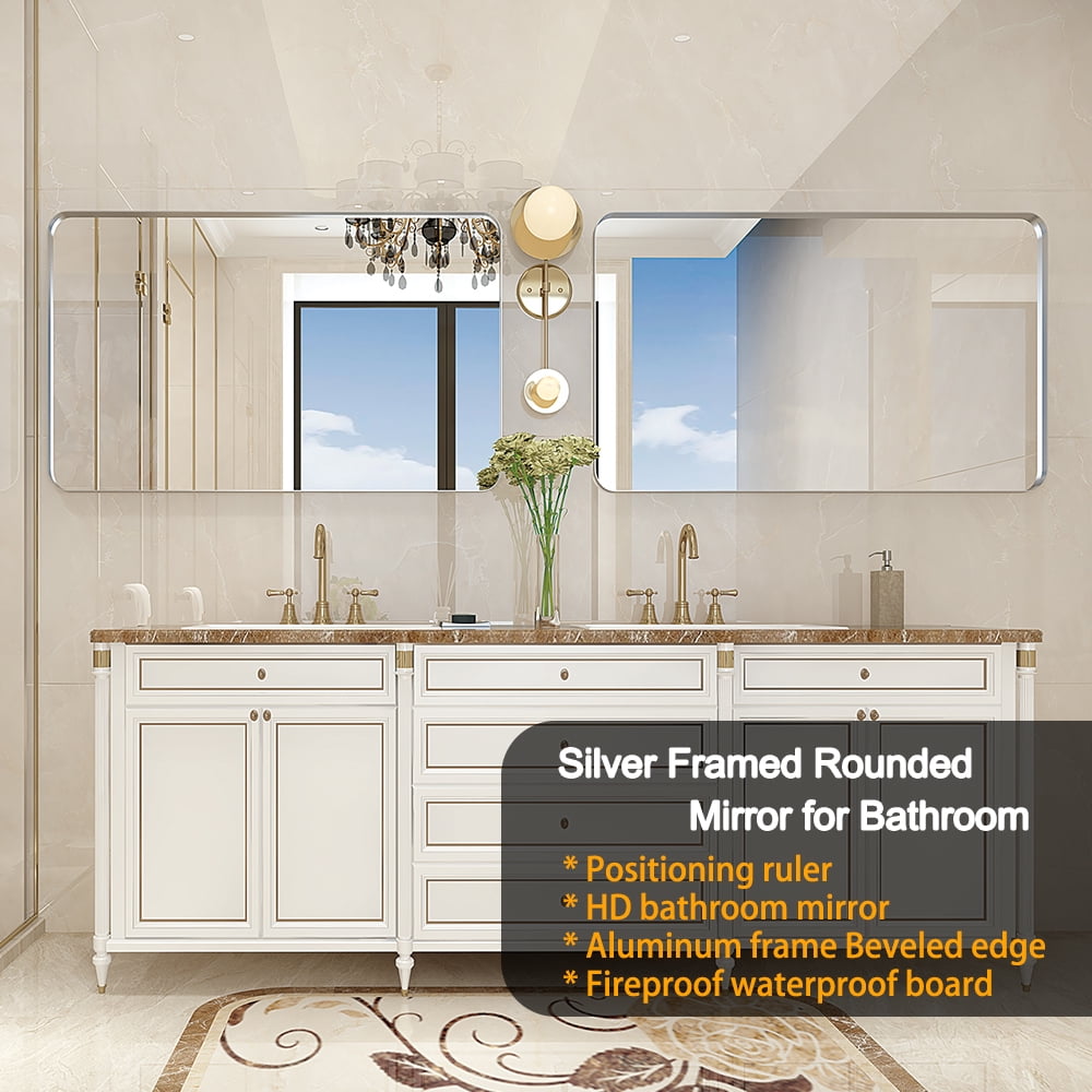 Elegant 40x30inch Brushed Silver Rectangle Bathroom Mirror with Rounded ...