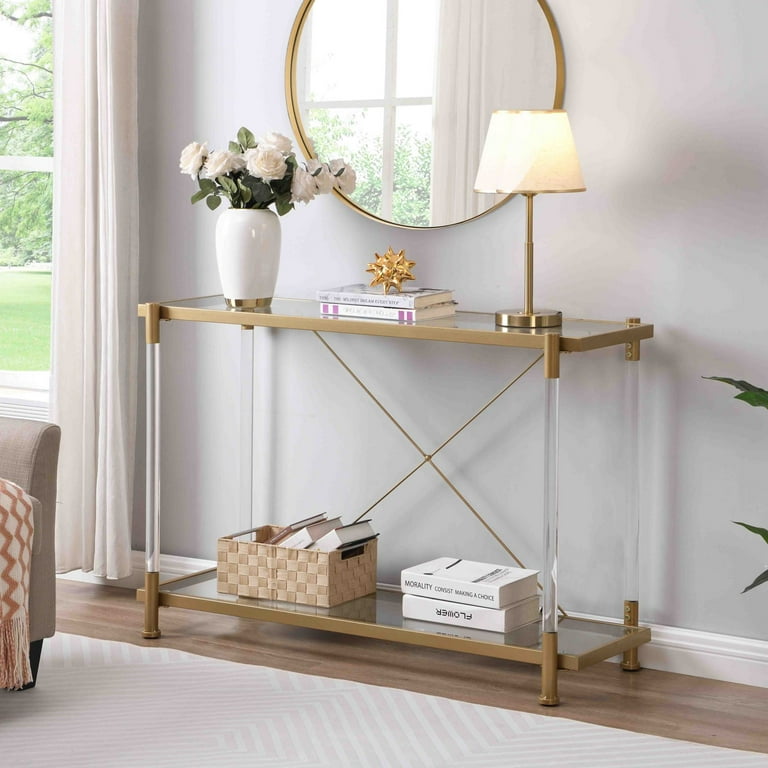 Elegant 43.31 Golden Glass Sofa Table Modern Acrylic Side Table Console Table Ideal for Living Room Bedroom Sturdy Iron Structure with