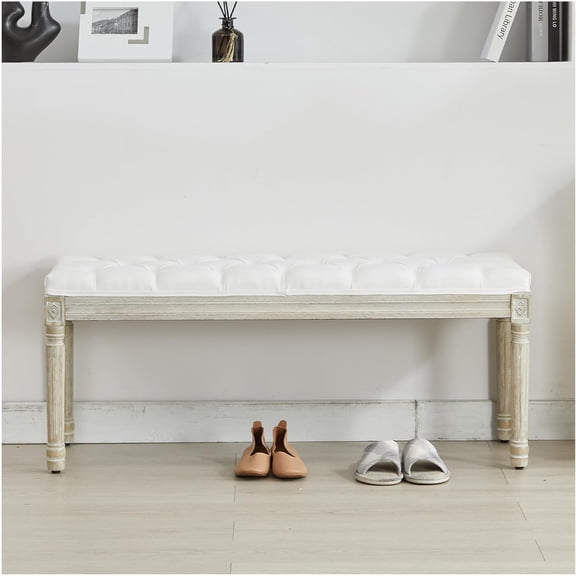 Elegant 44 Inch White Upholstered End of Bed Bench with Decorative Carving
