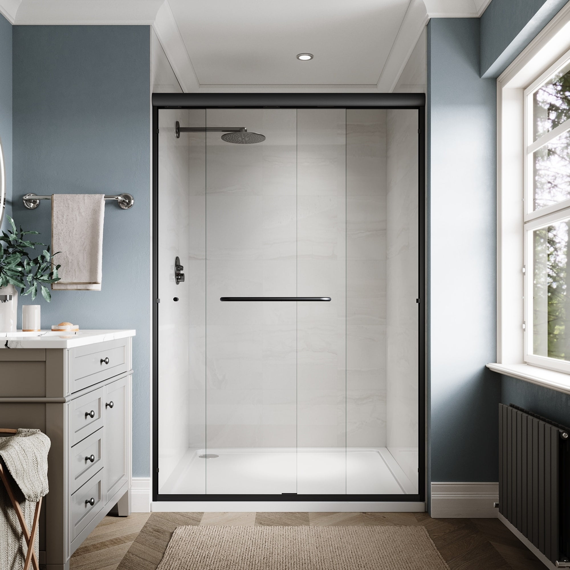 Elegant Black Semi-Frameless Sliding Shower Door 48 x 72