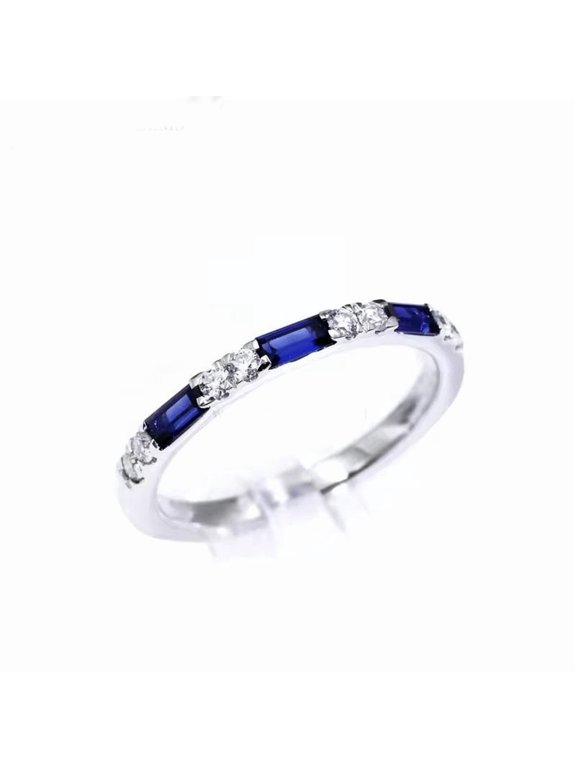 Elegant 4x2 Baguette Lab-Created Blue Sapphire & Diamond Half Eternity Wedding Band in 925 Sterling Silver - Classic Anniversary Ring with Timeless Sparkle and Superior Craftsmanship