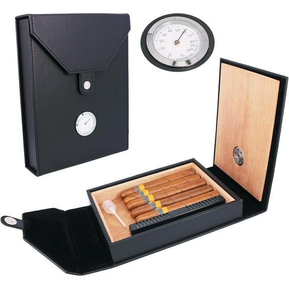 Elegant 5-10 Capacity Brown Leather Cedar Wood Lined Portable Travel Cigar Humidor Case with Humidifier
