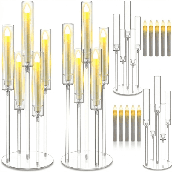 Elegant 5-Arm Clear Acrylic Candelabra Candle Holder – Modern Tall Table Centerpiece for Dining Room, Living Room, Parties, Weddings, and Home Decor – Sturdy Pillar Stand (Candles Not Included)