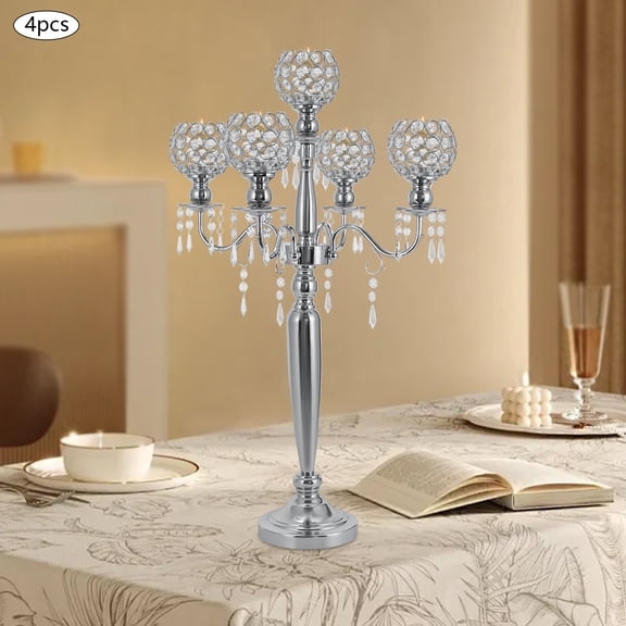 Elegant 5-Arm Crystal Candelabra Set of 4 Silver Candle Holders for Home Dcor, Weddings, and Romantic Atmosphere High-Quality, Stable, Easy to Clean