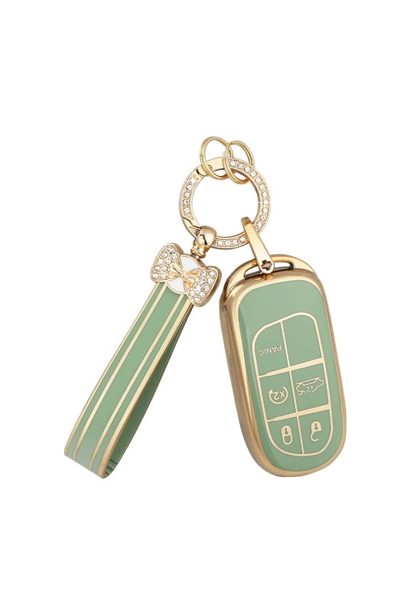 Elegant 5-Button Flexible TPU Key Fob Protector with Crystal Keychain  Compatible with Jeep Cherokee Grand Cherokee Compass Renegade Protective Case in Emerald Green and Gold Design for Men and Wome