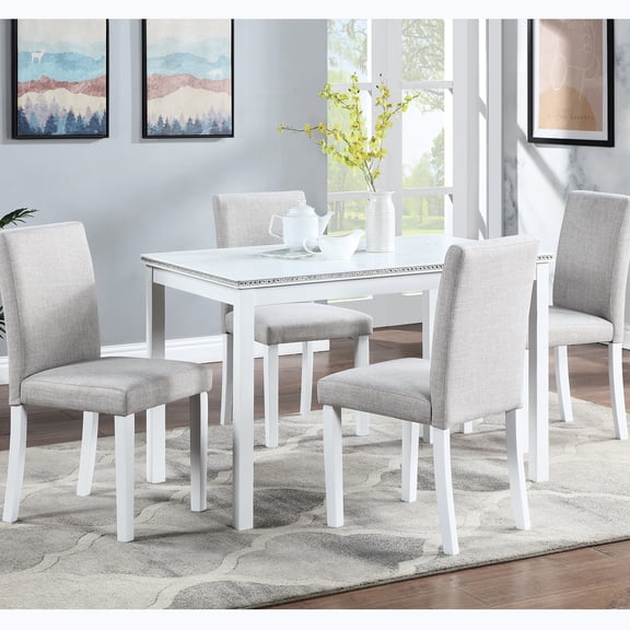 Elegant 5 Dining Table In White. Rectangular Solid Wood And 4 Upholstered Chairs. , Crystal For Luxury Experience Trim Home Space