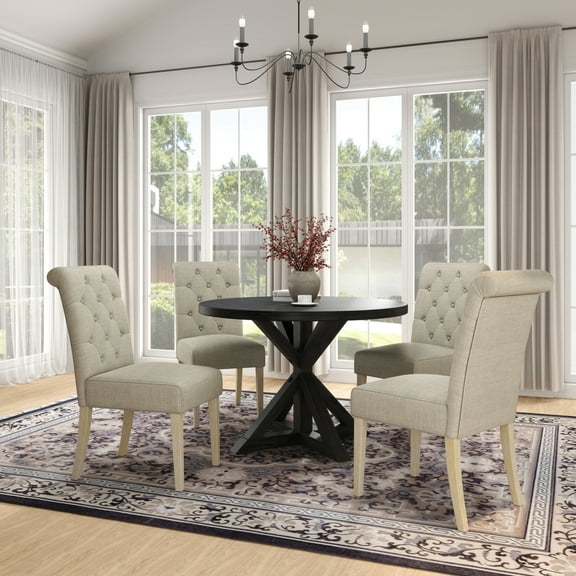 Elegant 5 Dining : Tan Round Table With 4 Seat Chairs Mixture - & Comfy Chair Options