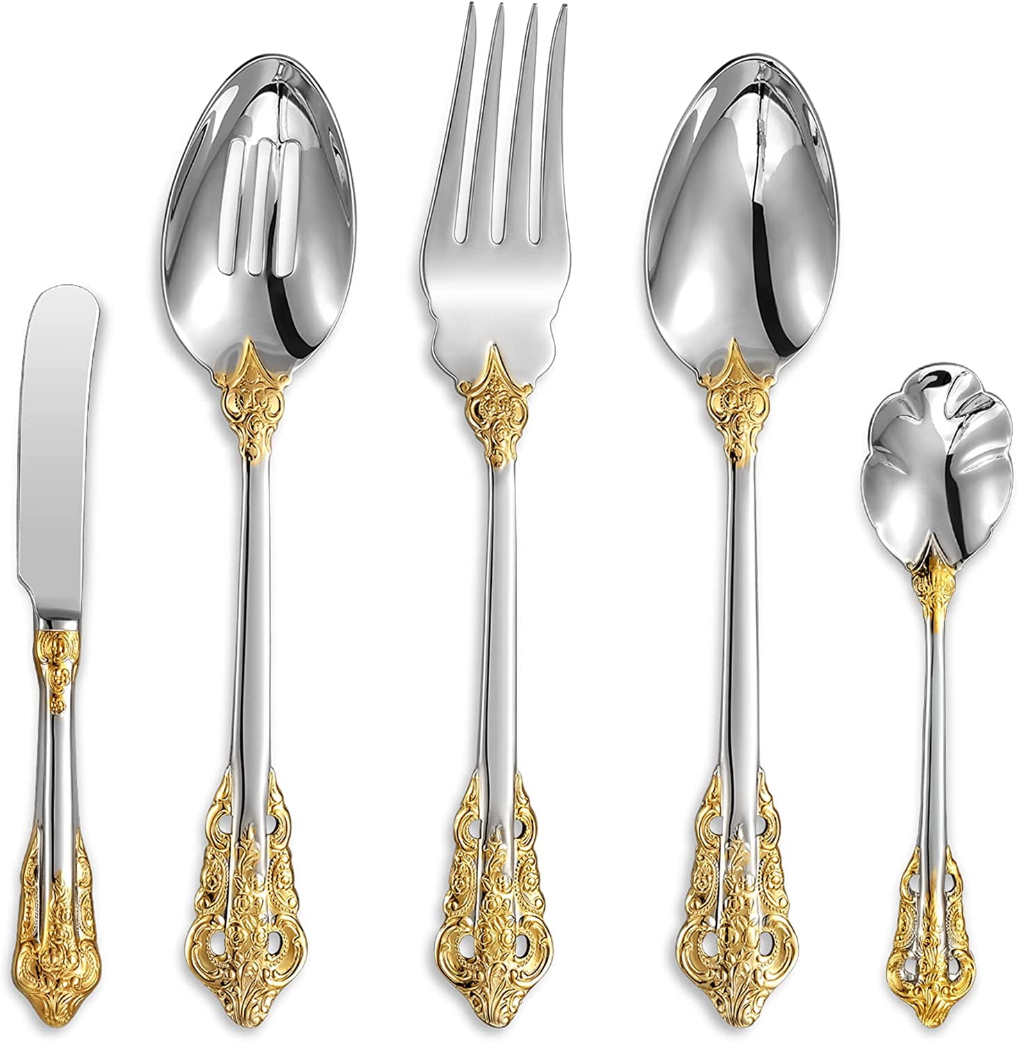 Elegant 5Piece 18/10 Stainless Steel Hostess Serving Utensil Set, Dishwasher Safe, Gold Accent