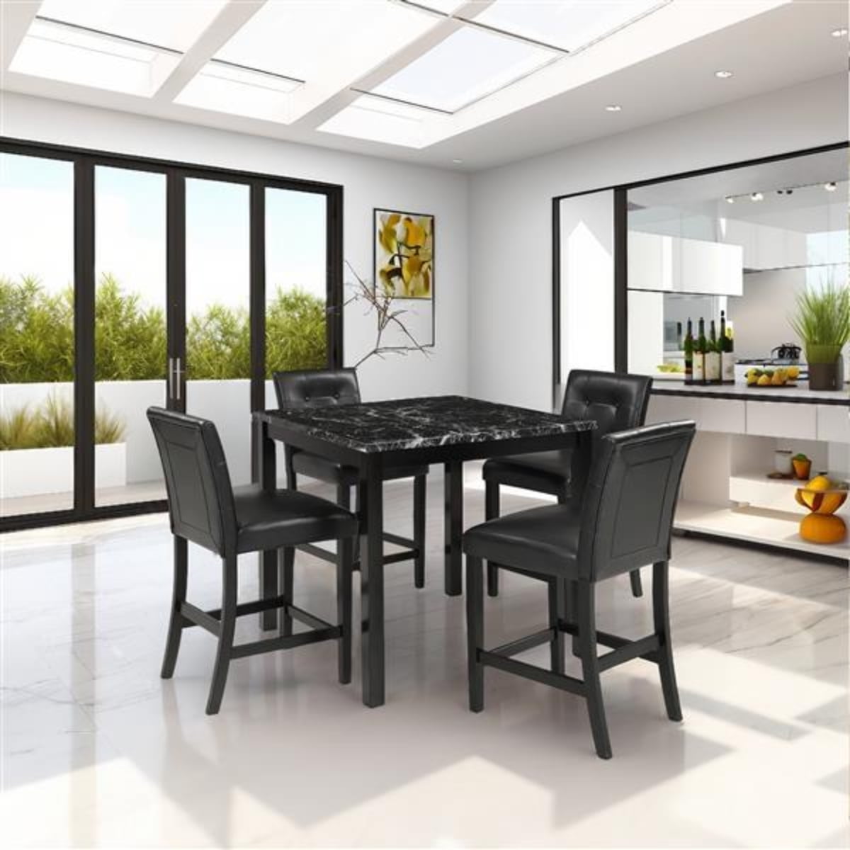 Elegant 5Piece Black Kitchen Table Set with Faux Marble Top & PU