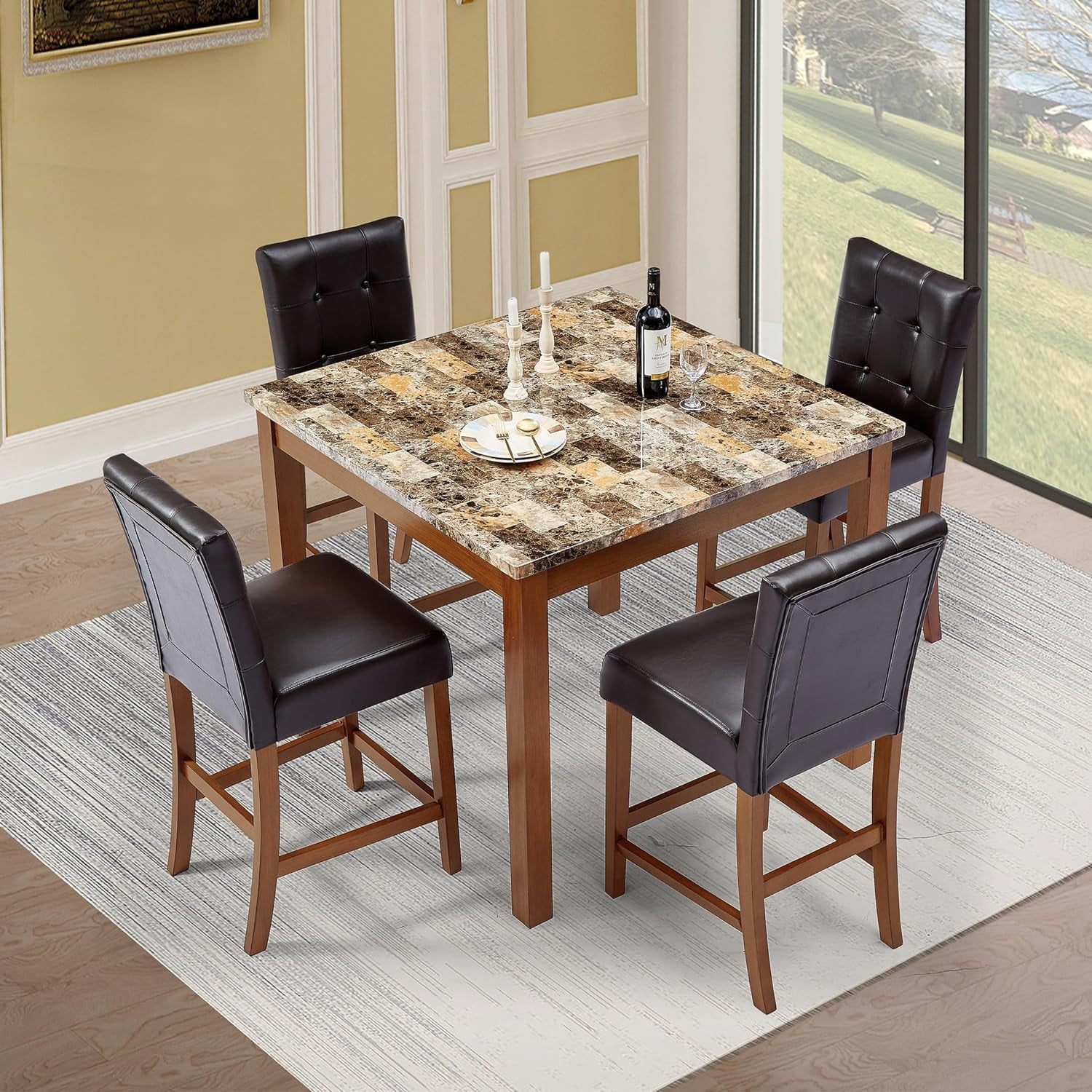 Elegant 5-Piece Dining Table Set, Featuring Marble Top Table and Four Chairs, Compact Wood ...