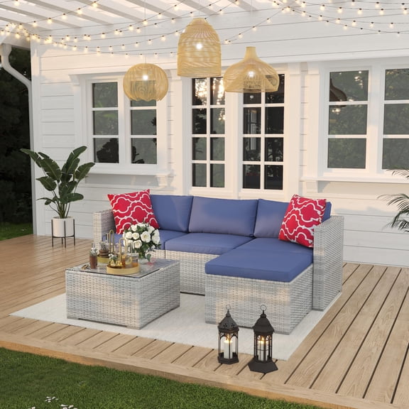 Elegant 5-Piece Outdoor Wicker Sofa Set, L-Shaped Patio Sectional with Thick Cushions, Tempered Glass Coffee Table & Ottoman, All-Weather Furniture for Garden, Balcony, Porch, Deck - Grey & Blue