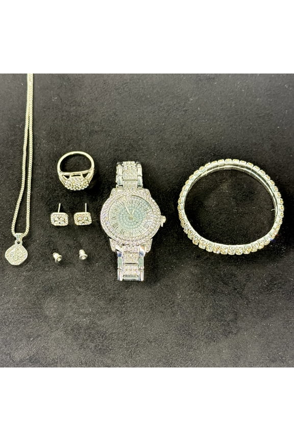 Elegant 5-Piece Women's Luxury Rhinestone Jewelry Set with Watch Tennis Bracelet Ring Necklace & Earrings Sparkling Crystal Bling Set for Party Wedding Gift