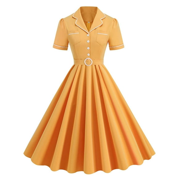 Elegant 50s Audrey Hepburn Style Cocktail Dress for Women Vintage Short Sleeve Belted A-Line Party Swing Dresses