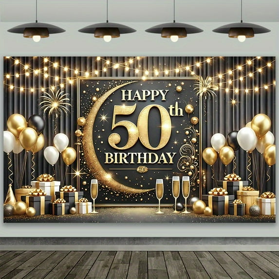 Elegant 50th Birthday Party Backdrop Golden Crescent Moon Balloons Happy Birthday Party Supplies Gold Sparkling Birthday Background Photography Celebration Event