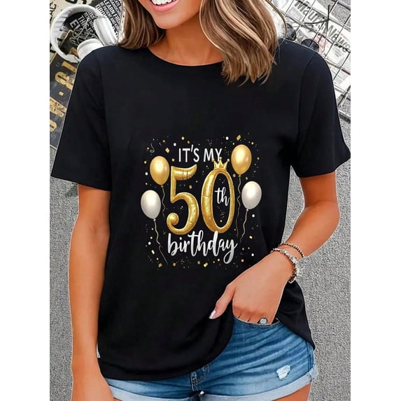 Elegant It's My 50th Birthday T-Shirt for Women, Fabulous Fifty Golden Balloon Graphic Tee, Retro Birthday Party Celebration Top, Comfortable Short Sleeve Apparel