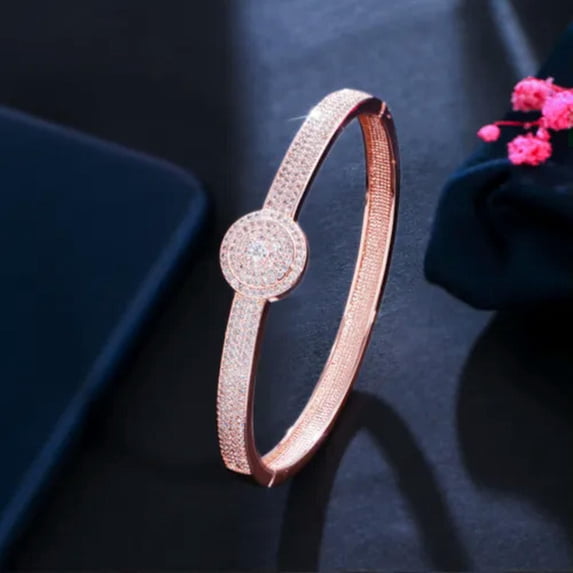 Elegant 585 Rose Gold Plated CZ Round Open Cuff Bangle Bracelet Fashion Jewelry