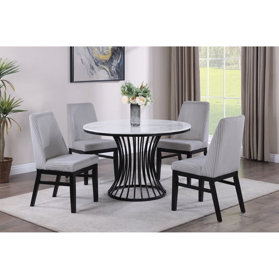 Elegant 5pc Dining : Round Faux Marble Tabletop & Gray Chair Padding Modern Table