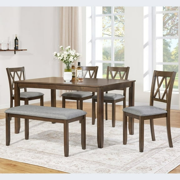 Elegant 6-piece Wooden Dining Table Set with 4 Chairs and a Bench. Modern Dining Table Set for 6 People, Rectangular Dining Table Set for Living Room, Kitchen and Dining Room, Walnut
