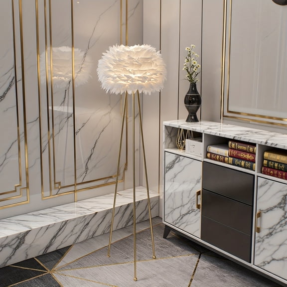 Elegant 60-Inch Tripod Floor Lamp with Soft White Feather Shade for Ambient Lighting in Living Spaces, Bedrooms, and Home Offices