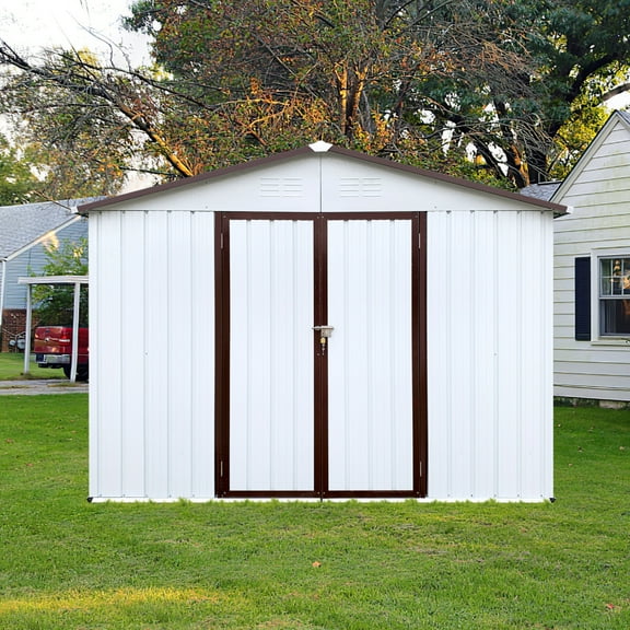 Elegant 6ft x 8ft Metal Garden Shed  Chic Outdoor Storage Solution in Striking White and Coffee Colors. Perfect for Organizing Tools and Enhancing Your Garden's Style!