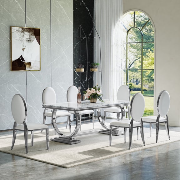 Elegant 7-Piece Dining Table Set, 68.9" Faux Marble Dining Table & 6 PU Leather Chairs, Stainless Steel Base, Modern Rectangular Kitchen Dining Room Set