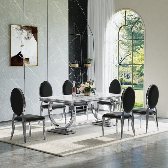 Elegant 7-Piece Dining Table Set, 68.9" Faux Marble Dining Table & 6 PU Leather Chairs, Stainless Steel Base, Modern Rectangular Kitchen Dining Room Set